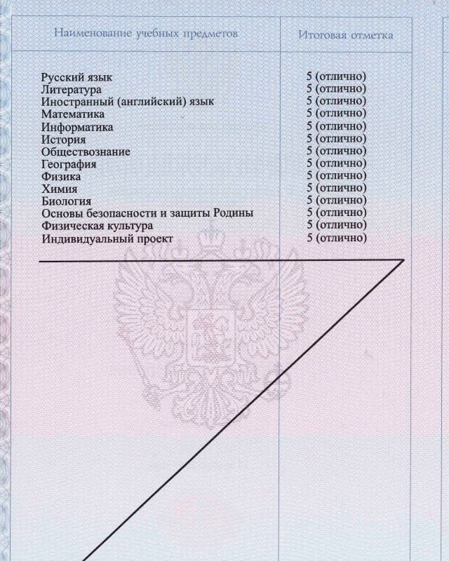 Final school transcript showing straight-5 grades across all subjects